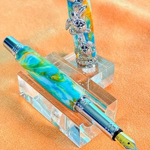 Tropische strandjutterpen | Handgemaakte schildpadpen | Cadeau voor zeeleven | Fire Opal vulpen | Unieke Ocean-schrijfpen