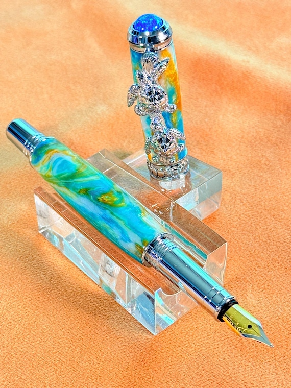 Tropical Beachcomber Pen | Handmade Turtle Pen | Marine Life Gift | Fire Opal Fountain Pen | Unique Ocean Writing Pen