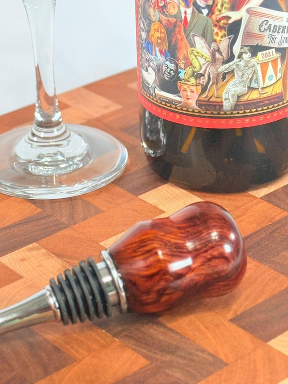 Wine or Liquor Bottle Stopper Wood and Stainless Steel, Stunning Cocobolo Wood Handcrafted by ASH Woodshops Great Gifts for the Wine Lover