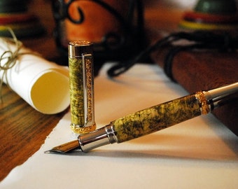 Writers Gift! Handmade Fountain Pen, Dyed-Stabilized Box Elder Burl, 22k Gold Platinum Trim, Proudly made in the USA by ASHWoodshops