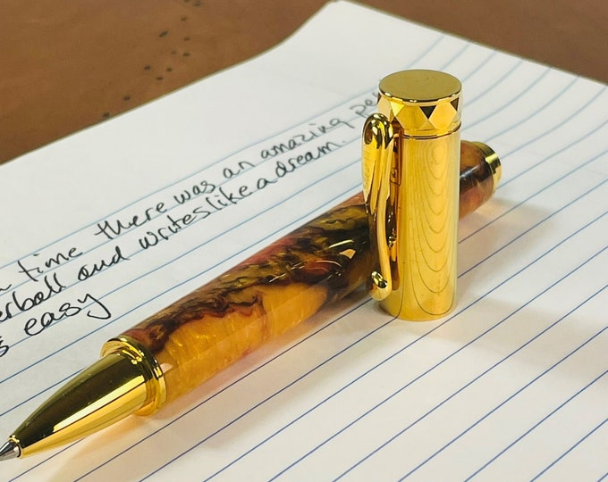 Handmade Rollerball Pen: Magnetic Cap, Gold Trim, Swirled Acrylic, Smooth Writing Instrument