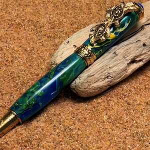 Luxury Sea Turtle Pen Ocean Inspired Rollerball Fire Opal Accent Nautical Gift for Beach Lovers 24k Gold Trim