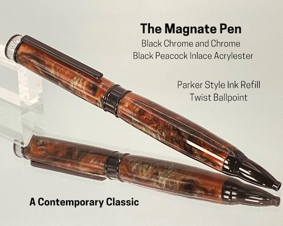 The Magnate Pen, Black Chrome and Chrome with Black Peacock Inlace Acrylester Body, Handcrafted by ASH Woodshops