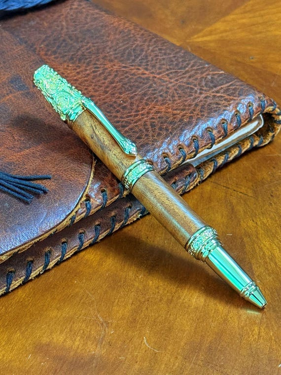 Victoriana Series Pen Baroque Style Handmade Ballpoint Pen Honey Mesquite Wood & 24K Gold Artisan Writing Gift for Him or Her Vintage Style