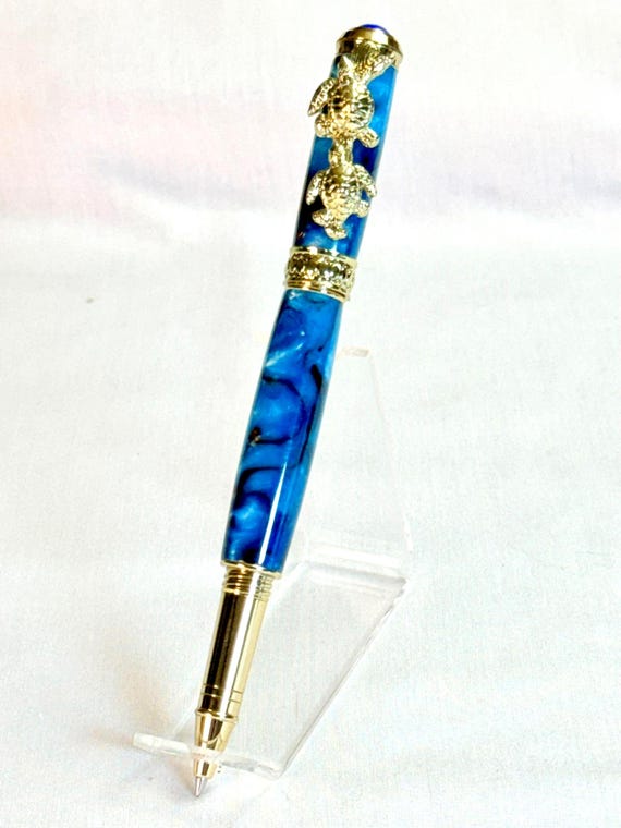 Handmade Sea Turtle Fountain or Rollerball Pen: 24k Gold Accents, Choppy Waters Acrylic