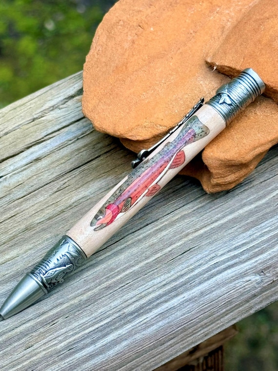 Fly Fishing Pen with Handcrafted Trout Inlay & Reel Handmade Wood Pen for Anglers A Unique Gift for Outdoorsmen and Fishermen Sporting Gift