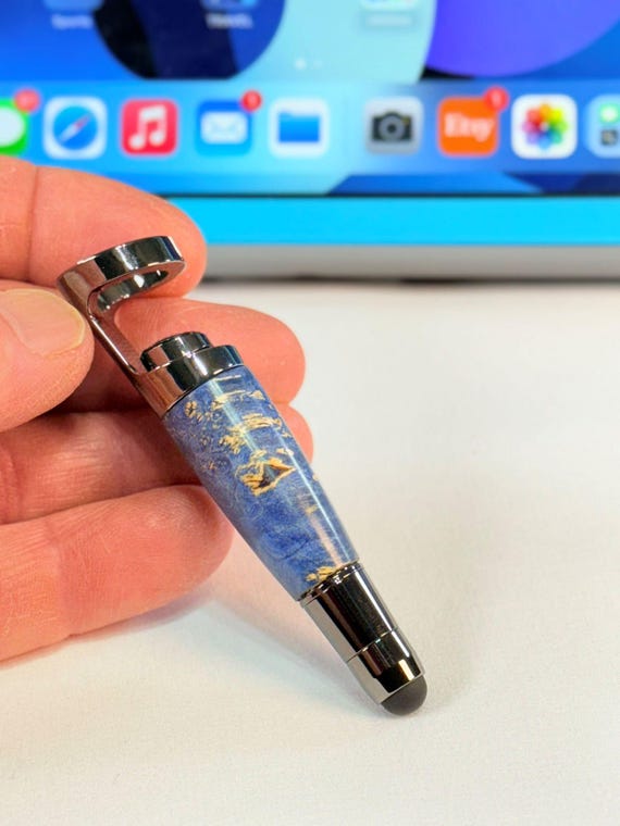 Smartphone Stand and Stylus, Handcrafted, Chrome with Blue Buckeye Burl Wood, Handmade by ASH Woodshops