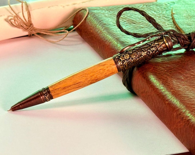Handmade Ebony Wood Ballpoint Pen: Botanical Garden, Antique Brass