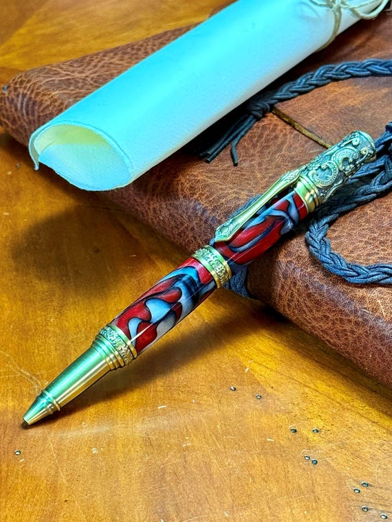 Victorian Inspired Handmade Ballpoint Pen – Red, Black & White Brimstone Acrylic with Antique Brass – Luxury Gift for Writers or Collectors