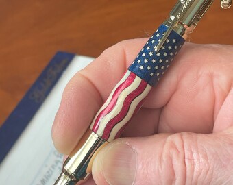 American Patriot Gift Pen, Hunter, Gun Enthusiast, Right to Bear Arms, Patriotic Bolt Action Bullet Pen, Hand inlaid Wooden American Flag