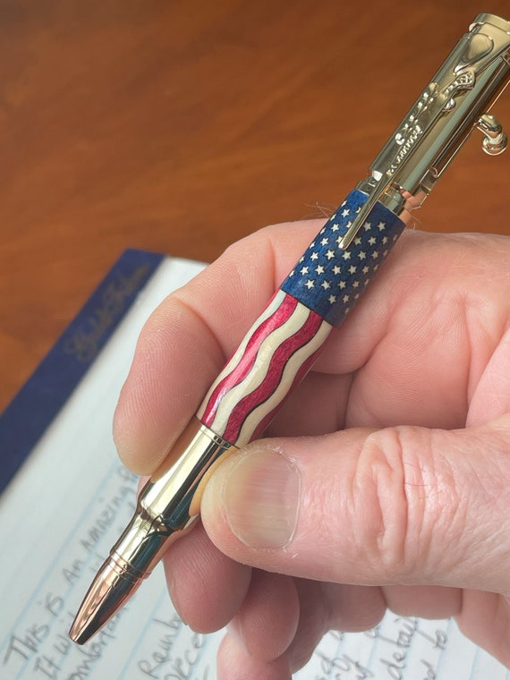 American Patriot Gift Pen, Hunter, Gun Enthusiast, Right to Bear Arms, Patriotic Bolt Action Bullet Pen, Hand inlaid Wooden American Flag