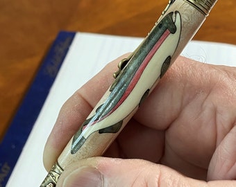 Fly Fisherman's Handmade Twist Ballpoint Pen, Antique Brass Wood Inlaid Rainbow Trout by ASH Woodshops Perfect Catch Fishing Gift Fish-On