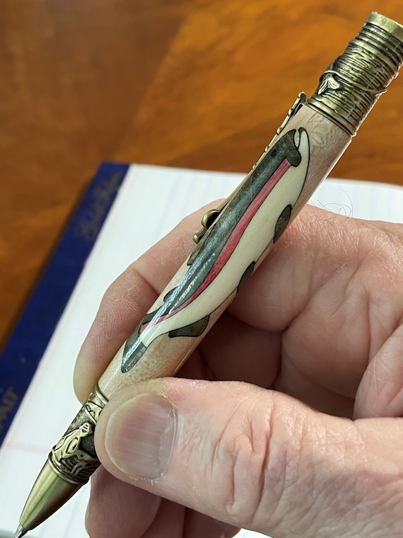 Fly Fisherman's Handmade Twist Ballpoint Pen, Antique Brass Wood Inlaid Rainbow Trout by ASH Woodshops Perfect Catch Fishing Gift Fish-On