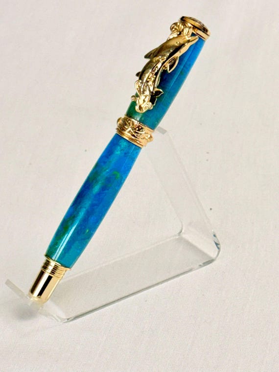 Handmade Swimming Dolphins Rollerball Pen: Ocean Mist Acrylic, 24K Gold