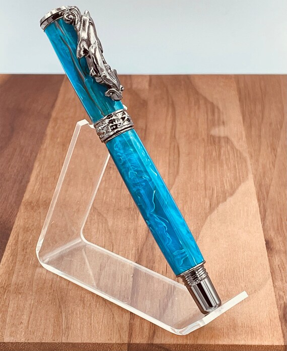 Swimming Dolphins Marine Life Handmade Pen, Black Titanium and Gold Trim on Ocean Mist Body Quality By ASHWoodshops, Brilliant Writers Gift!