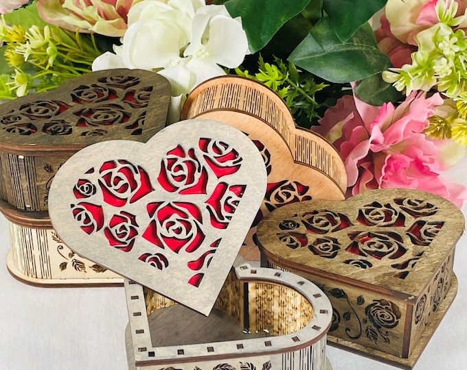 Rose Heart Box -Baltic Birch Laser Cut wood - Handcrafted By ASH Woodshops