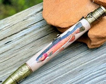 Handmade Fly Fishing Pen: Trout Inlay, Exotic Wood, Antique Brass