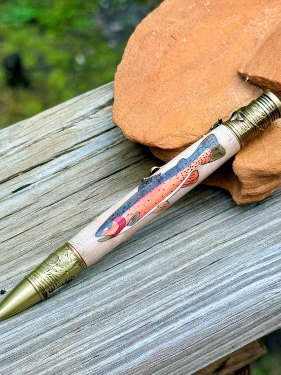 Fishing Gift Pen Fly Fishing Pen with Trout Inlay & Reel Handmade Wood Pen for Anglers A Unique Gift for Outdoorsmen and Fishermen