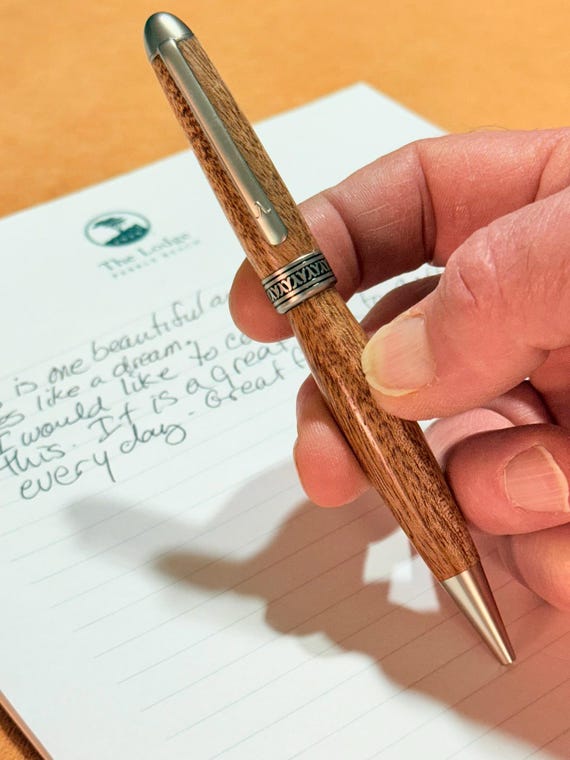 Handmade Dome Style Pen – African Mahogany Body – Twist Ballpoint Pen – Satin Nickel Trim – Cross Refill – Luxury Gift for Writers
