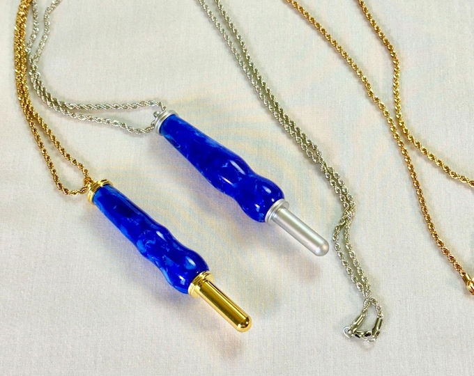 Handcrafted Seam Ripper Necklace: Blue Sapphire Acrylic, 36" Chain