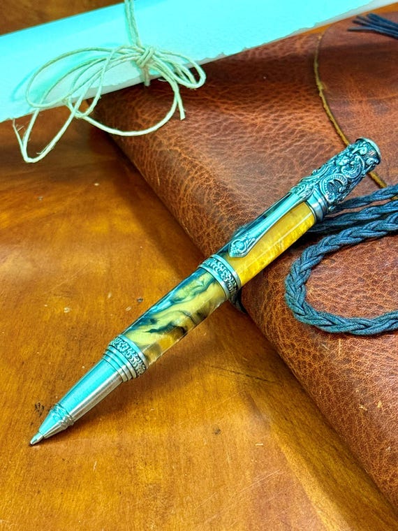 Victorian Inspired Handmade Ballpoint Pen Gold Rush Acrylic with Antique Pewter – Luxury Vintage Style Gift for Writers or Pen Collectors