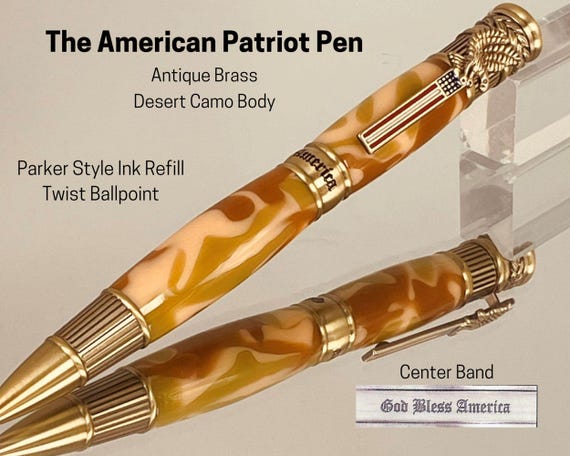 American Patriot Ballpoint Pen, Desert Camo Acrylic with Antique Brass trim, Handcrafted by ASH Woodshops
