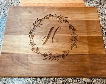 Personalized Wood Cutting Board - Engraved Initial & Floral Wreath - Custom Charcuterie Board