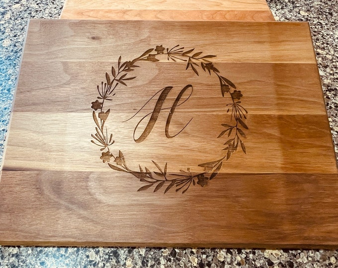 Personalized Wood Cutting Board - Engraved Initial & Floral Wreath - Custom Charcuterie Board