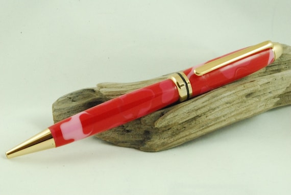 Handmade Dome Style Pen – Pink Camo Acrylic – Twist Ballpoint Pen – 24K Gold Trim – Cross Refill – Luxury Gift for Writers