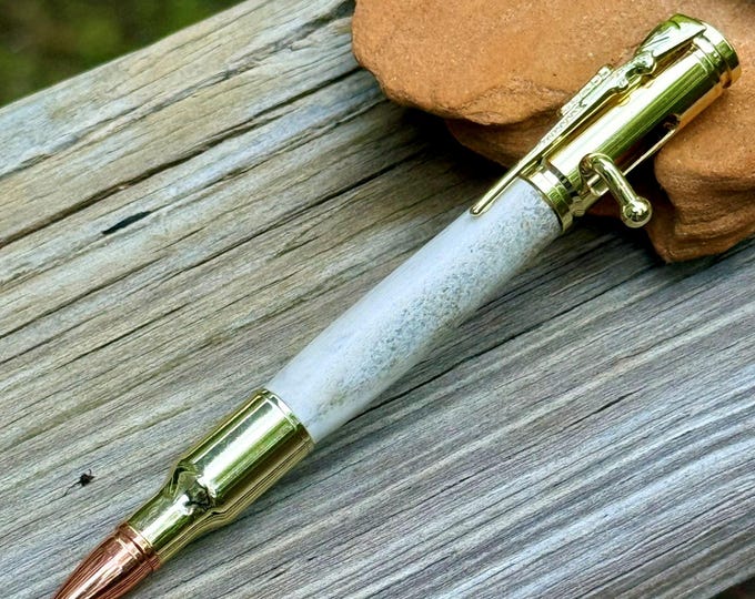 Handmade Elk Antler Bullet Pen – Bolt Action 30 Caliber, Gift for Outdoorsman