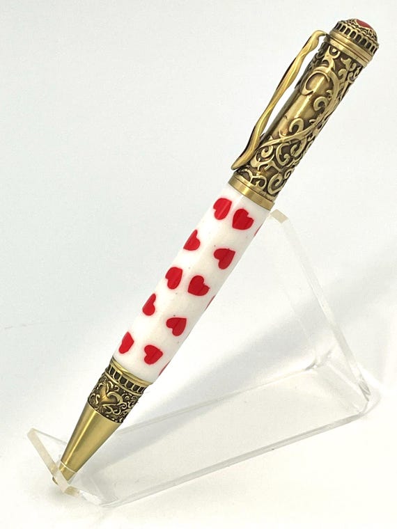 Handcrafted Red Hearts Twist Pen: Antique Brass, Luxury Writer Gift