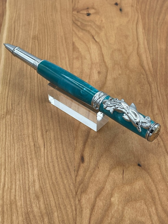 Swimming Dolphins Marine Life Handmade Pen, Chrome Trim on Aqua Body Stunning Heirloom Quality By ASHWoodshops, Brilliant Writers Gift!