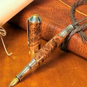 Handmade Fountain Pen 22k Gold and Iridium Medium Nib Reclaimed Maple Burl Wood Collectible Writers Gift