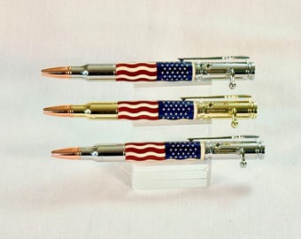 アメリカ国旗 ボルトアクション 30口径 弾丸ペン - 象嵌木製 - 手作り