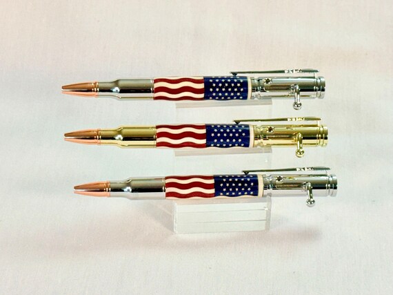 American Flag Bolt Action 30 Cal Bullet Pen - Inlaid Wood - Handcrafted