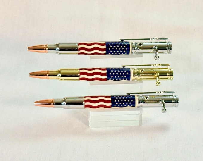 American Flag Bolt Action 30 Cal Bullet Pen - Inlaid Wood - Handcrafted