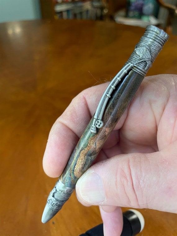 Custom Wood Pen for Fly Fisherman, Green Maple Burl Wooden Pen, Fishing Rod Clip & Antique Pewter fish designs, Gift Ready for Outdoorsman