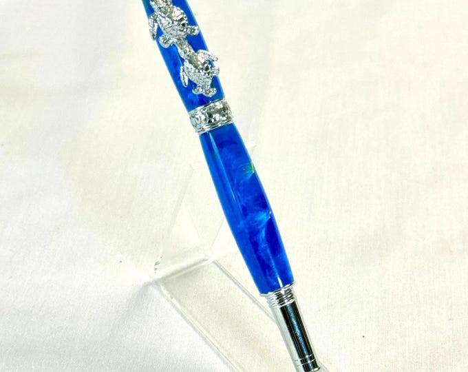 Handmade Sea Turtle Fountain or Rollerball Pen: Ocean Mist Acrylic, Chrome Accents