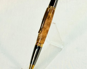 Handcrafted Buckeye Burl Wood Twist Ballpoint Pen: Titanium Gold & Gunmetal