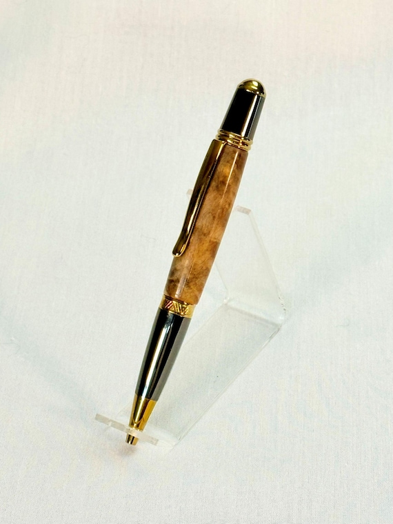Handcrafted Buckeye Burl Wood Twist Ballpoint Pen: Titanium Gold & Gunmetal