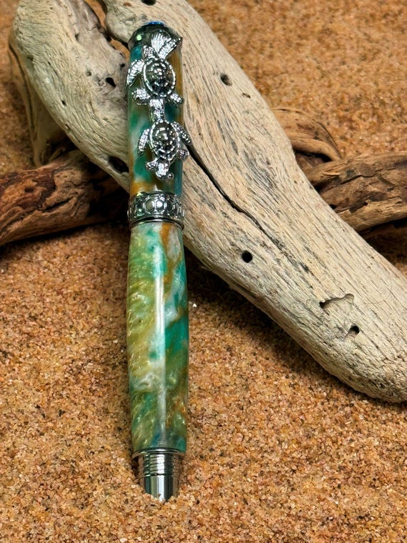 Luxury Sea Turtle Pen Ocean Inspired Rollerball with Fire Opal Accent a Nautical Gift for Beach Lovers features Chrome Trim Acrylic Body