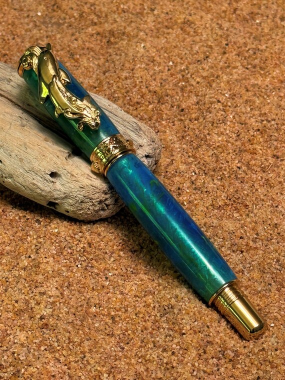 Dolphin Rollerball Handcrafted Pen Coastal Beach Themed Handmade Gift for Ocean Lovers 24K Gold Trim Acrylic Body Ocean Mist