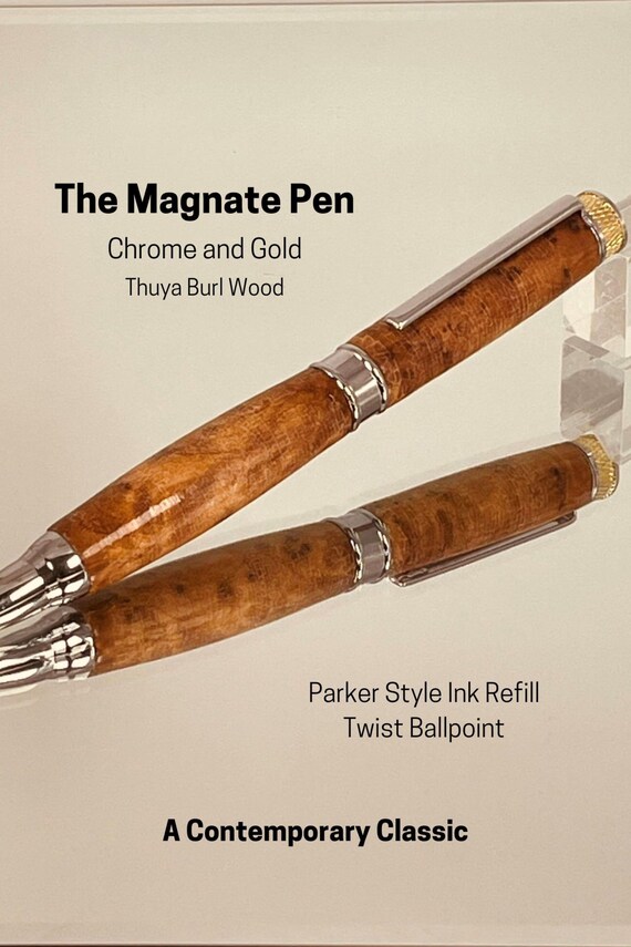 The Magnate Pen, Chrome and Gold with Thuya Burl Wood Body, Handcrafted by ASH Woodshops