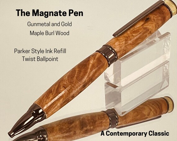 The Magnate Pen, Gunmetal and Gold with Maple Burl Wood Body, Handcrafted by ASH Woodshops