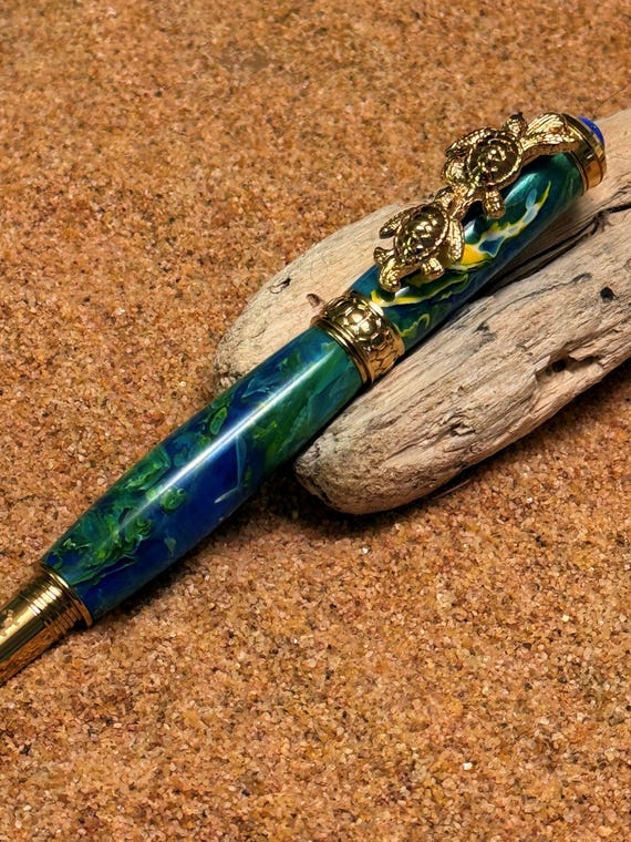 Handmade Sea Turtle Fountain Pen an Ocean Theme Gift 24k Gold Pen with Ocean Mist Acrylic is a Sea Turtle Lover Gift