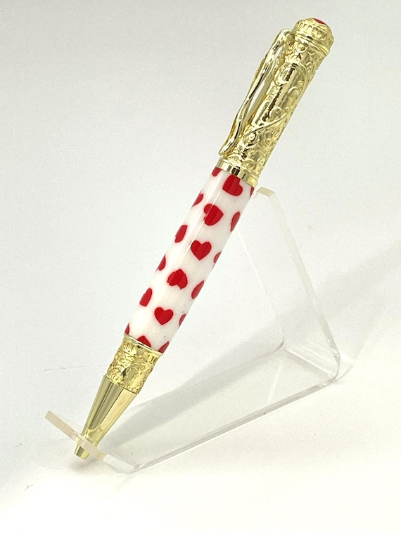 Lovers Write – Red Hearts Acrylic Twist Ballpoint with Golden Metal Trim Handcrafted by ASHWoodshops