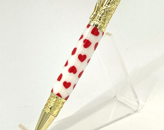 Custom Lovers Pen – Red Hearts Acrylic Twist Ballpoint with Golden Trim