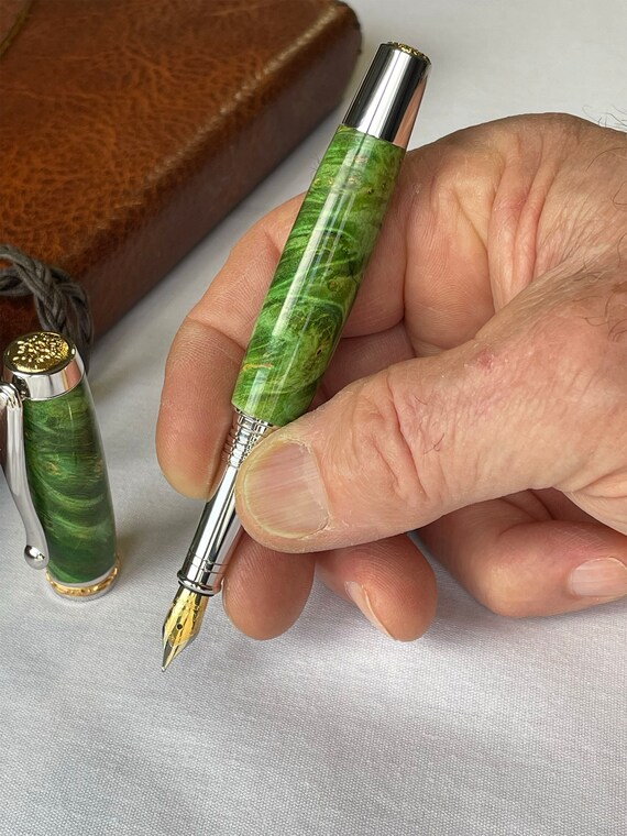 Rhodium & Gold Luxury Pen | Handmade Fountain Pen Gift for Him or Her | Green Dyed Maple Burl Wood