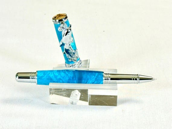 Handmade Tropical Ocean Themed Rollerball Pen: Dolphins, Sand & Shell Accents