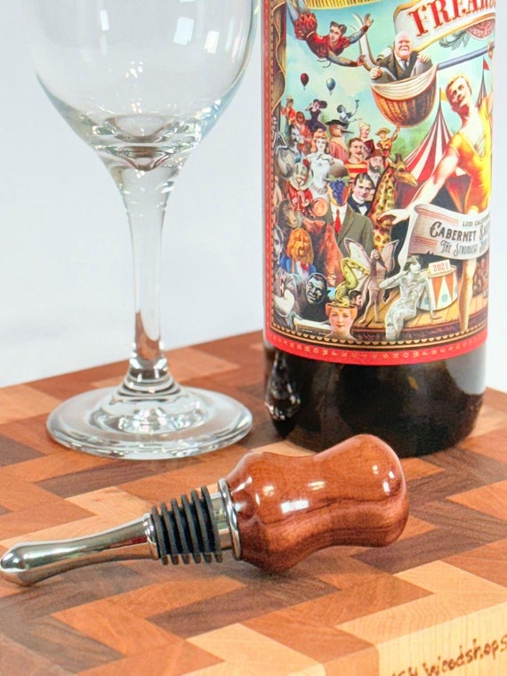 Wine Bottle Stopper Wood and Stainless Steel, Bubinga Wood Handcrafted by ASH Woodshops Great Gifts for the Wine Lover Him or Her